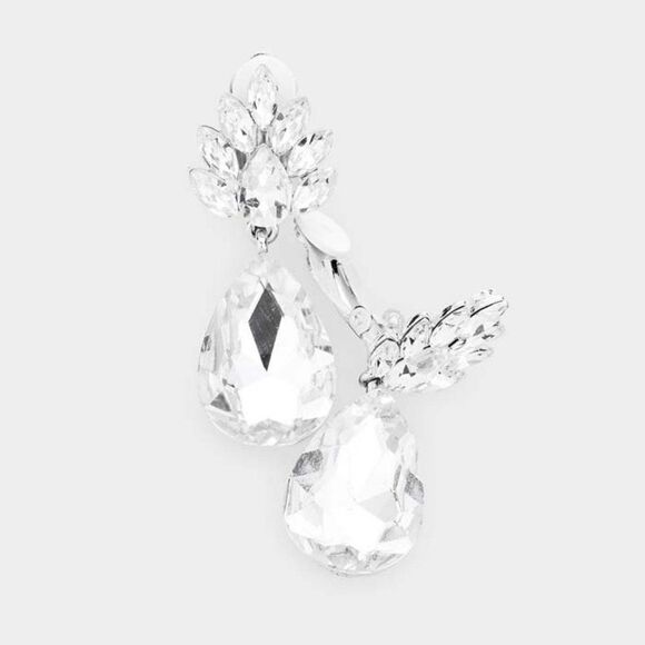 Teardrop Clear Crystal Evening Clip On Earrings - Picture 1 of 6